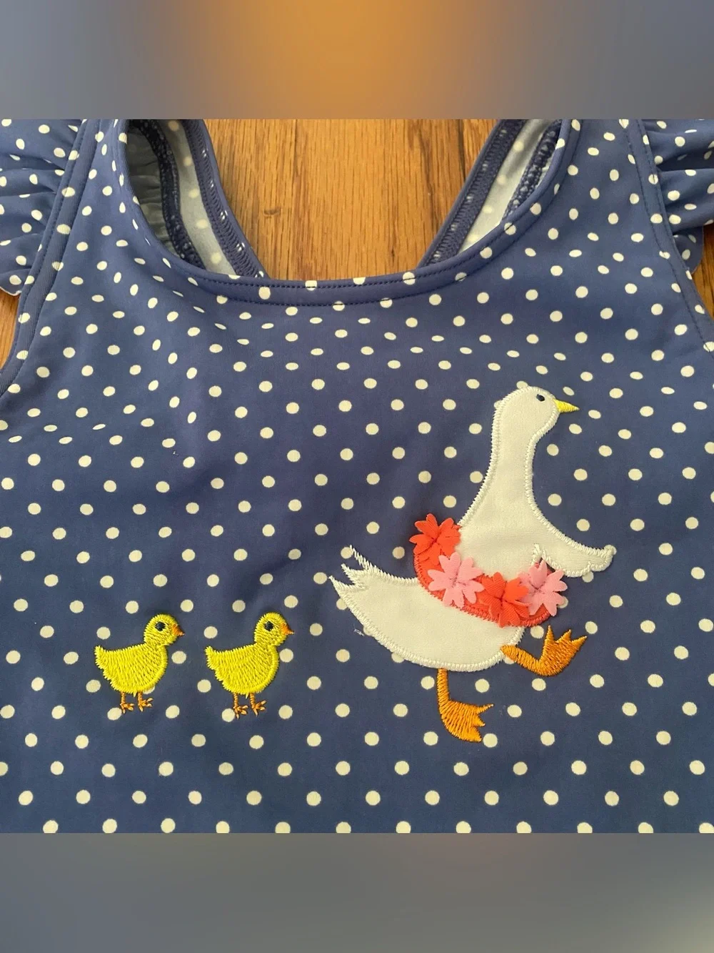 Baby Boden  Polka Dot One-Piece Swimsuit with Goose and Duckling Appliqué